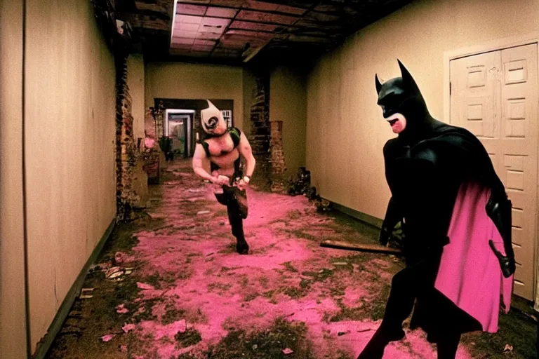 Image similar to michael keaton batman covered in beer wearing pink apron wielding an axe, chasing through old brown decrepit hallway, creepy smile, atmospheric eerie lighting, photorealistic face, dim lighting, bodycam footage, motion blur, photograph