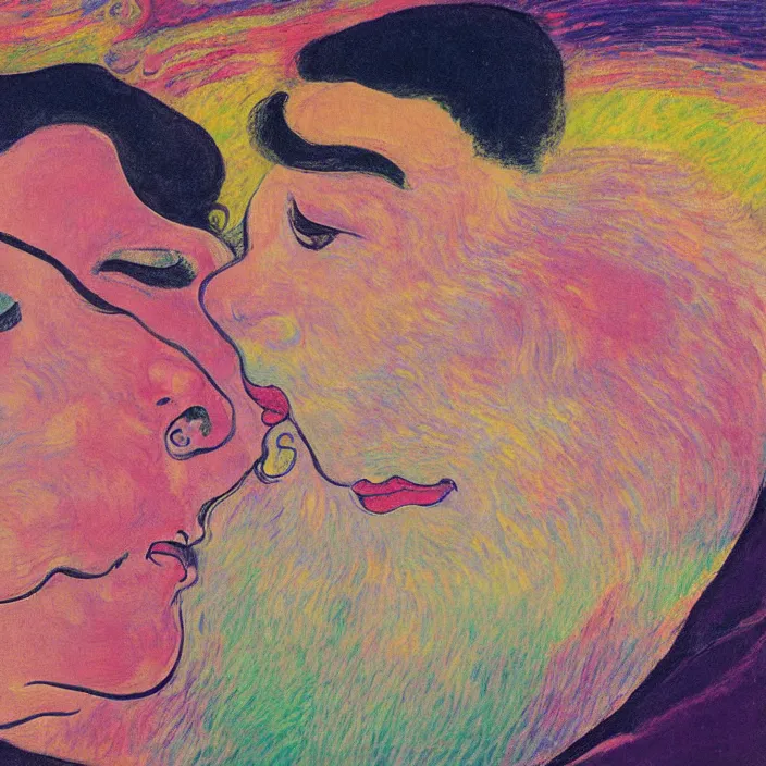 Image similar to close portrait of woman and man kissing. icy mountains far away. aurora borealis. iridescent, vivid psychedelic colors. painting by munch, agnes pelton, egon schiele, henri de toulouse - lautrec, utamaro, monet