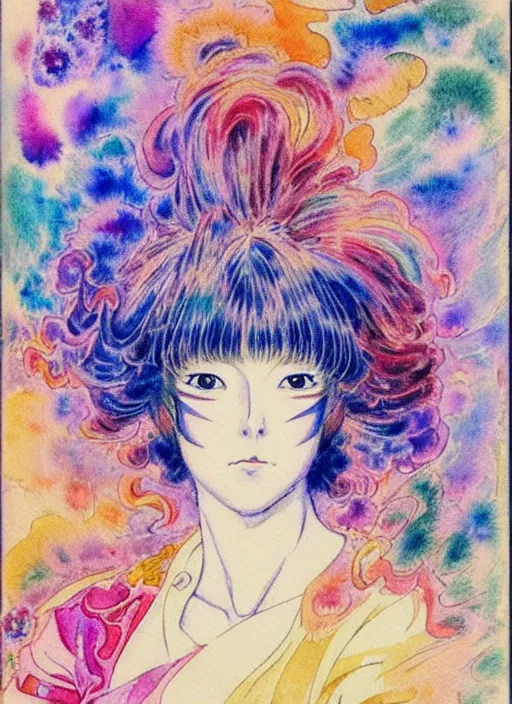 Image similar to vintage 7 0 s anime watercolor by yoshitaka amano, a portrait of a lady with colorful face - paint enshrouded in an impressionist watercolor, representation of mystic crystalline fractals in the background by william holman hunt, art by cicley mary barker, thick impressionist watercolor brush strokes, portrait painting by daniel garber, minimalist simple pen and watercolor