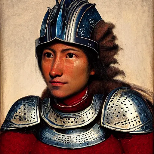 Prompt: head and shoulders portrait of a female knight, quechua!, cuirass, tonalist, symbolist, realistic, baroque, detailed, modeled lighting, haggard, vignetting, indigo and venetian red, angular, terrified, eagle