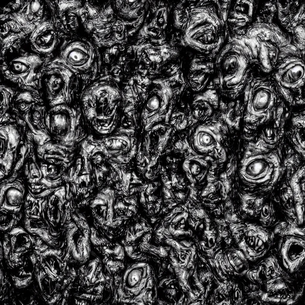 Image similar to a huge monster from dark oily gelatinous substance, with hundreds of faces just below the surface, covered in human eyes, ominous, dark lighting, barely visible from the shadows, ultrarealistic, 4 k photo, leica