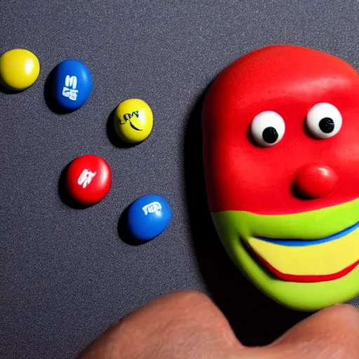 Image similar to photo of the red m & m character with the face of borat