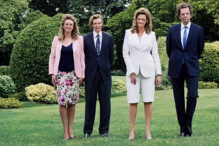 Image similar to press photo of a beautiful thirtysomething powerful white female president in a suit, being held romantically by her two younger white boyfriends in the white house rose garden, professional photo, press photo, glamorous, 8 k photorealistic, very detailed