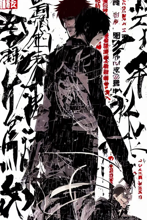 Image similar to professionally drawn seinen shonen mature cyberpunk horror detective action manga comic cover, full color, beautifully drawn coherent professional, drawn by ilya kuvshinov, ilya kuvshinov, and hiromu arakawa and tsutomu nihei. japanese script kanji hiragana on the cover. simplistic minimalist.