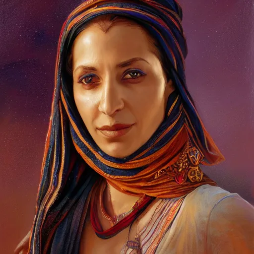 Image similar to portrait of a tunesian woman ( 3 5 ) from tunesia in 2 0 2 1, an oil painting by ross tran and thomas kincade