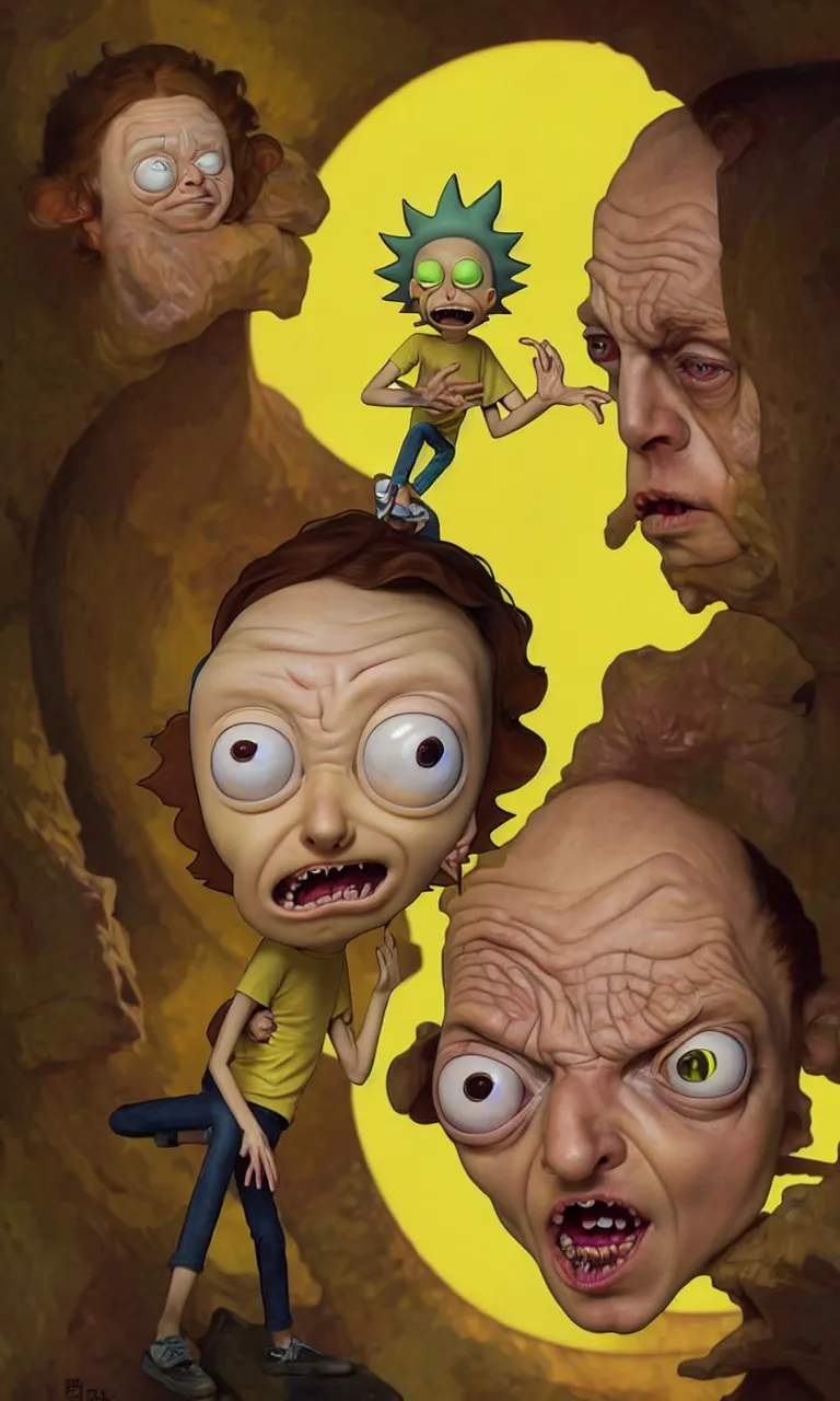 Image similar to hyper realistic grotesque portrait of an young dumb roundheaded morty, from rick and morty, worried, yellow t - shirt, portal in the background, by lee bermejo, alphonse mucha and greg rutkowski