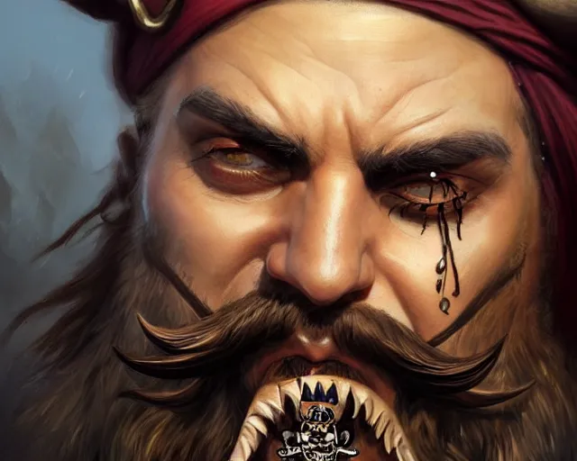 Prompt: close up of a pirate face, beard, cigar, smirk, black hair, face tattoo, deep focus, d & d, fantasy, intricate, elegant, highly detailed, digital painting, artstation, concept art, matte, sharp focus, illustration, hearthstone, art by artgerm and greg rutkowski and alphonse mucha