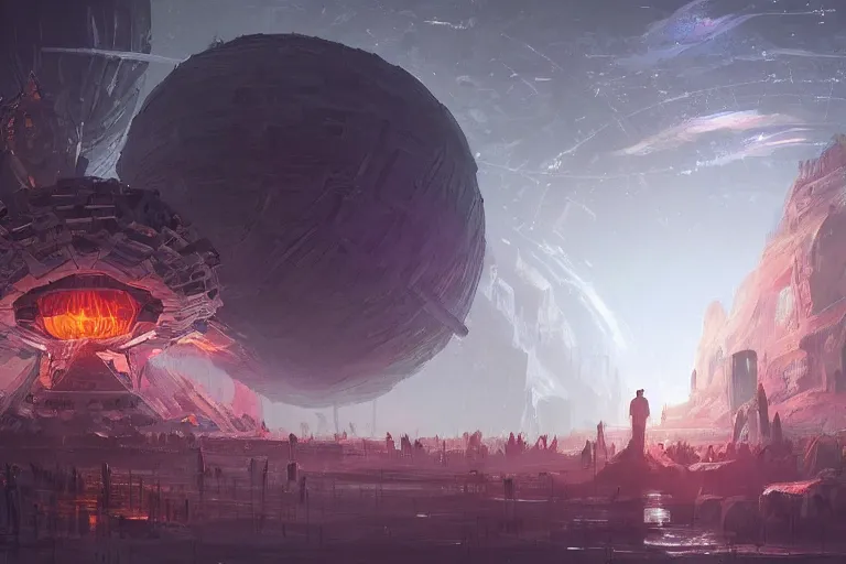 Image similar to D&D party faces a giant Dyson Sphere Megastructure Ominously Glowing, digital art, dark atmosphere by Marby Kwong, (((((((Makoto Shinkai Raphael Lacoste Martin Deschambault Finnian MacManus ArtStationhq IAMAG