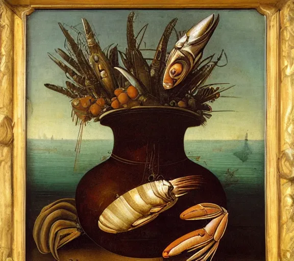 Prompt: a vase with seafood growing on it ， oil painting by leonardo da vinci - h 1 0 2 4