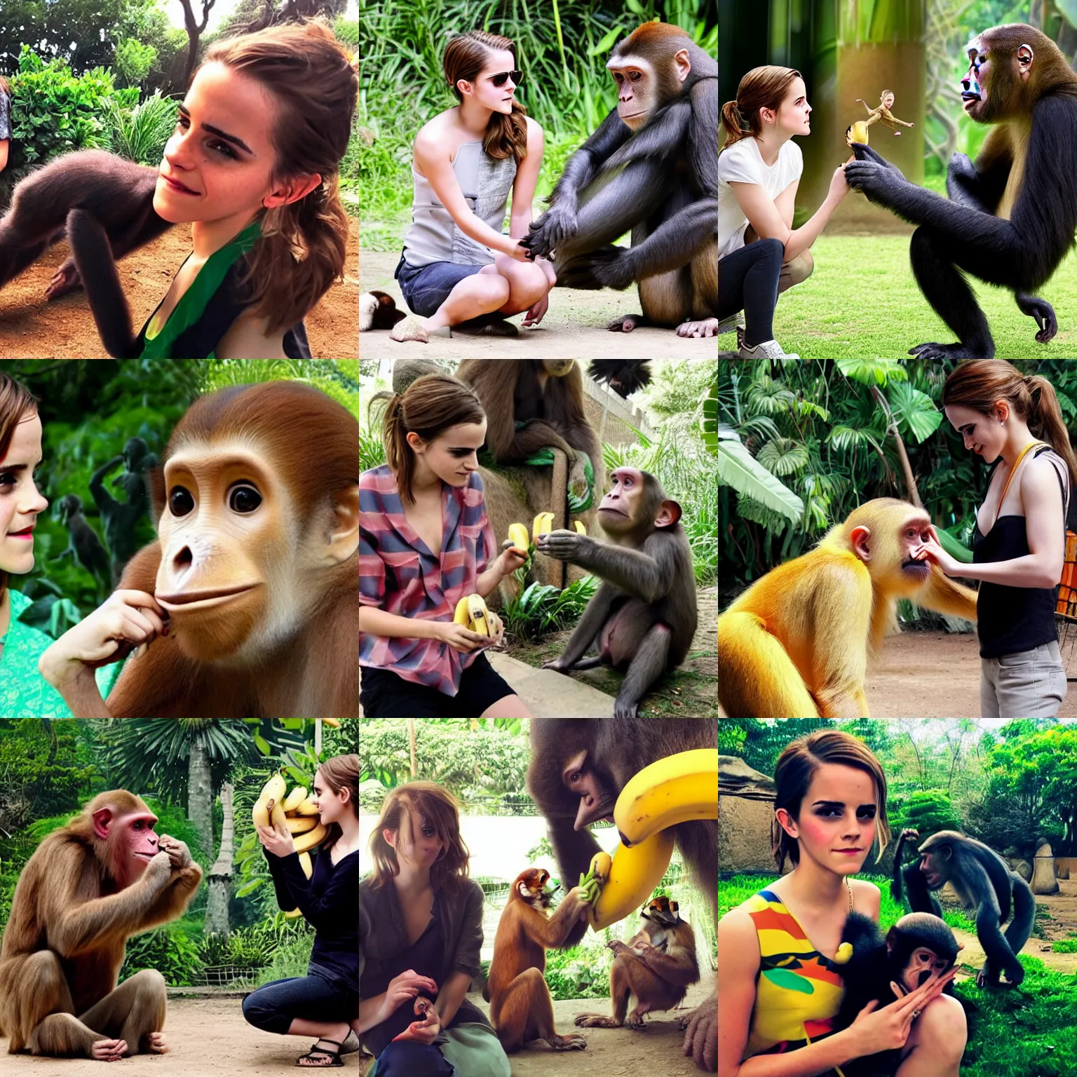 Prompt: Emma Watson with a big gigantic monkey doing telekinesis in a zoo, petting the monkey while it's eating bananas