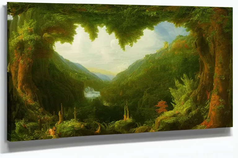 Prompt: top down view of lush pine forest, many witch houses, river flowing through the forest by thomas cole by justin gerard