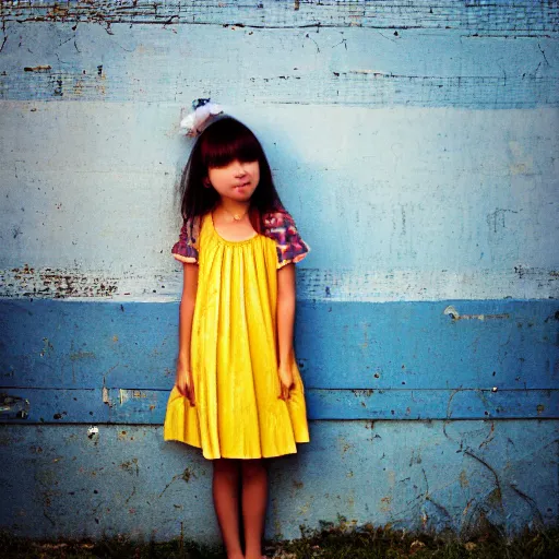 Prompt: A color analog 35mm film portrait photography of a girl in a yellow sundress. detailed. hq. realistic.