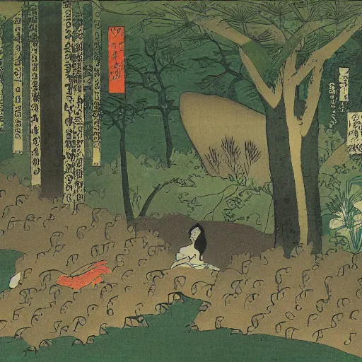 Prompt: A beautiful photograph of a serene and picturesque forest scene. The leaves are all different shades of green, and the sunlight is shining through the trees. There is a small stream running through the forest, and the whole scene is surrounded by mountains. lawn green, ensō by Utagawa Kuniyoshi, by Jean Fouquet