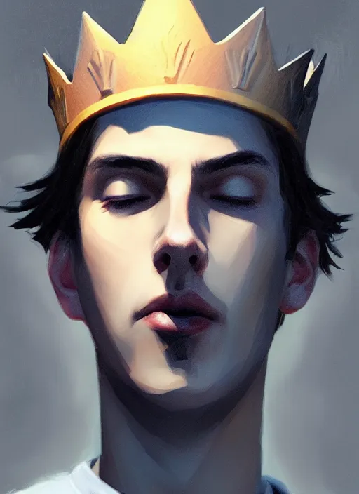 Image similar to portrait of teenage jughead jones wearing a light grey crown, photorealistic, crown, eyes closed, crown, black hair, intricate, elegant, glowing lights, highly detailed, digital painting, artstation, concept art, smooth, sharp focus, illustration, art by wlop, mars ravelo and greg rutkowski