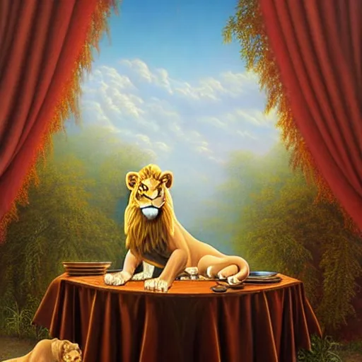 Image similar to a lion sitting an antique table, a detailed matte painting by vladimir kush, cgsociety, furry art, airbrush art, detailed painting, matte painting