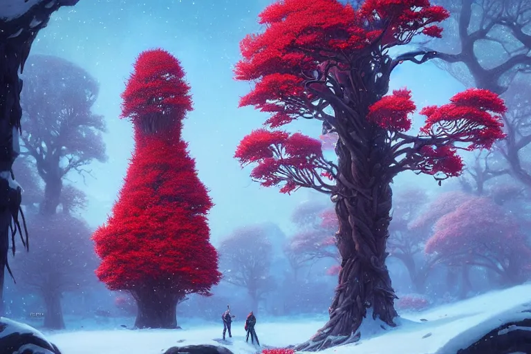 Prompt: giant tree in snow with red flowers, unreal engine, fantasy art by greg rutkowski, loish, rhads, ferdinand knab, makoto shinkai and lois van baarle, ilya kuvshinov, rossdraws, tom bagshaw, global illumination, radiant light, detailed and intricate environment