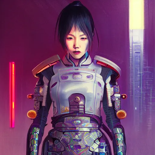 Image similar to portrait futuristic Samurai Girl, in future cyberpunk tokyo rooftop , ssci-fi, fantasy, intricate, very very beautiful, elegant, human anatomy, neon light, highly detailed, digital painting, artstation, concept art, smooth, sharp focus, illustration, art by tian zi and WLOP and alphonse mucha