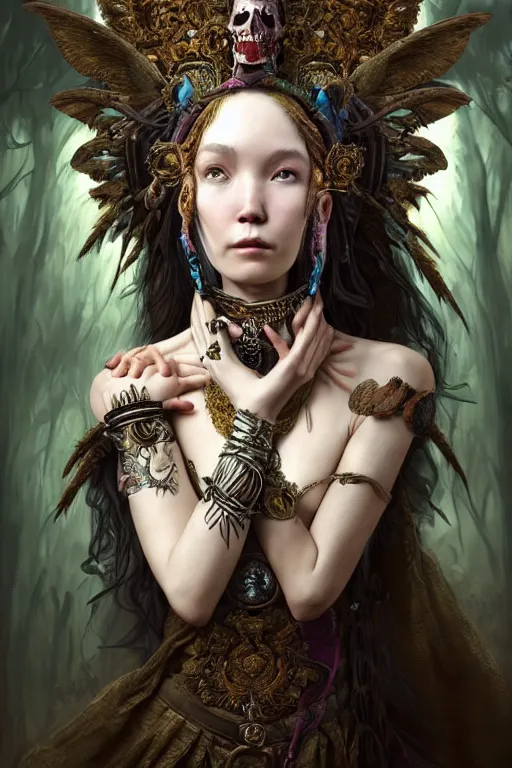 Image similar to A masterpiece ultrarealistic portrait of a Irristible angel princess tribal-shaman-knight-witch-ghost with Skull Iron mask. baroque renaissance girl in the night forest. medium shot, intricate, elegant, highly detailed. trending on artstation, digital art, by Stanley Artgerm Lau, WLOP, Rossdraws, James Jean, Andrei Riabovitchev, Marc Simonetti, Yoshitaka Amano. background by James Jean and Gustav Klimt, light by Julie Bell, 4k, porcelain skin.