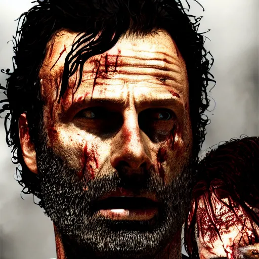 Image similar to rick grimes, the walking dead, zombies, head and shoulders shot, sharp focus, digital art, Hyper-realistic, 4K, Unreal Engine, Highly Detailed, HD, Dramatic Lighting by Brom, trending on Artstation