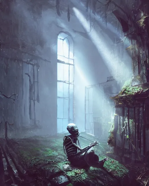 Image similar to a skeleton sitting in an old corner chained up an old abandoned dungeon, very little moss, sunbeams streaming in through an unseen window, ancient. Atmospheric lighting, By Makoto Shinkai, Stanley Artgerm Lau, WLOP, Rossdraws, James Jean, Andrei Riabovitchev, Marc Simonetti, krenz cushart, Sakimichan, D&D trending on ArtStation, digital art.