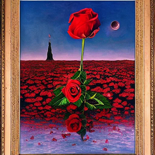 Image similar to the dark tower in a field of roses, surrealism, cosmic western, masterpiece oil painting,