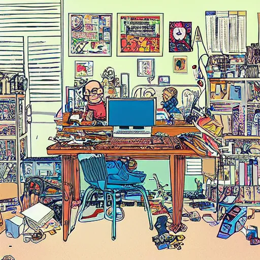 Image similar to goth nerd sitting at a computer in a cluttered room, by geof darrow, geof darrow art,