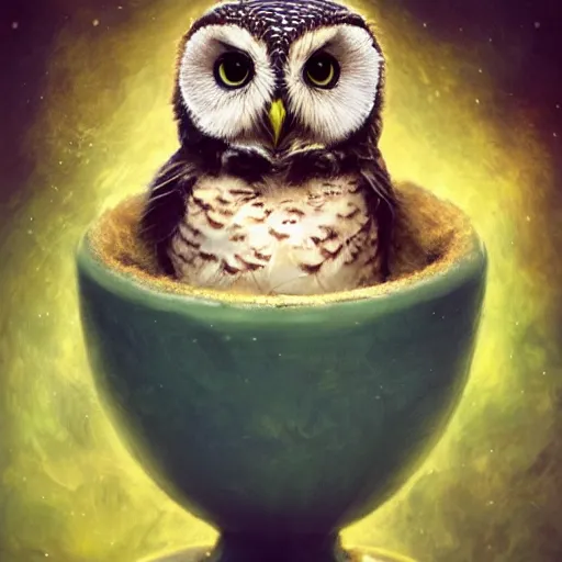 Image similar to long shot of a very cute owl chick nesting in a very futuristic cup, esao andrews, m. w. kaluta, yoshita amano, humorous illustration, hyperrealistic, big depth of field, warm colors, night scenery, low light, 3 d octane render, 4 k, conceptart, hyperdetailed, hyperrealistic, trending on artstation