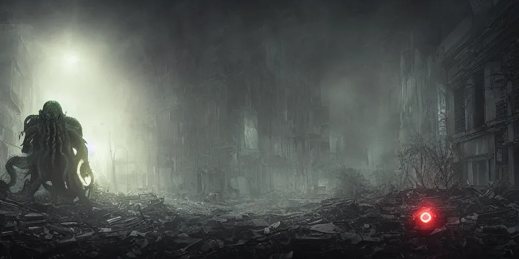 Prompt: cthulhu destroying a post apocalyptic city, dark, trending on artstation, digital art, fog, sun flare