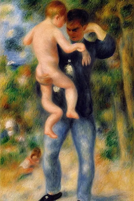 Image similar to a man holding his child over his shoulders walking near the beach, anatomically correct, painting by renoir, masterpiece