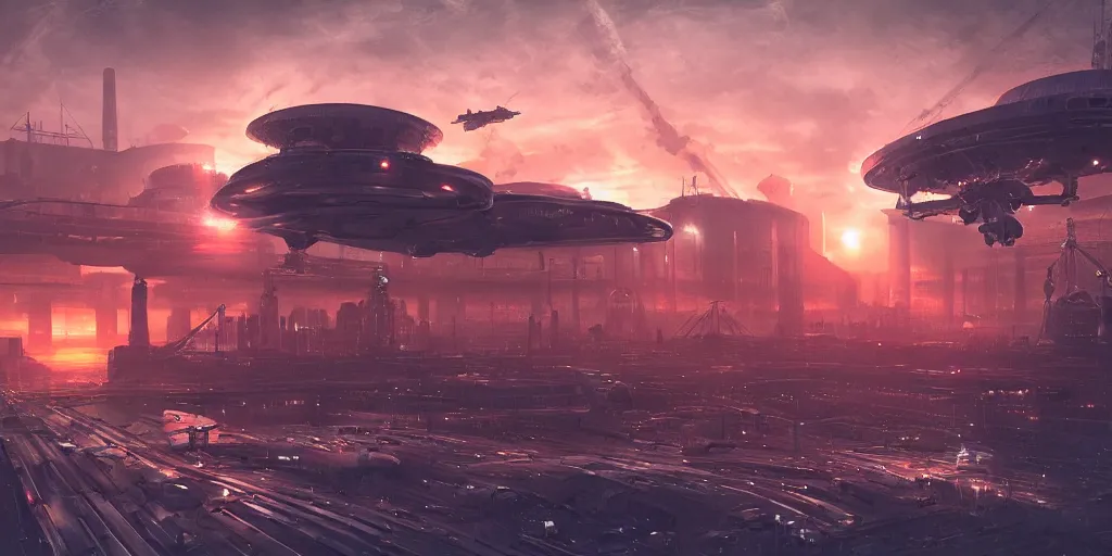 Image similar to alien spacecraft hovering over busy space port surrounded by alien robots, steel archways, industrial buildings, rusty metal towers, sun setting, ross tran, fantasy, james jean, cinematic lighting, digital painting, octane render