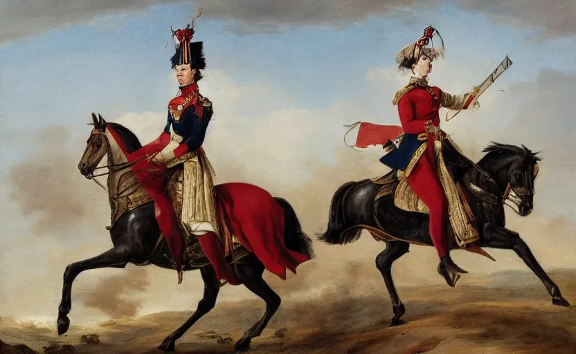 Prompt: woman in napoleonic dress standing on a galloping horse on a battlefield