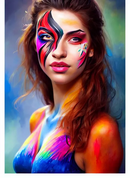 Image similar to full body photo of a gorgeous young woman in the style of stefan kostic, wild colorfully face painting, realistic, sharp focus, 8k high definition, insanely detailed, intricate, elegant, art by stanley lau and artgerm