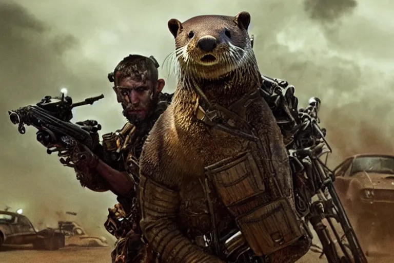 Image similar to a good ol'otter fursona ( from the furry fandom ), heavily armed and armored facing down armageddon in a dark and gritty version from the makers of mad max : fury road. witness me.