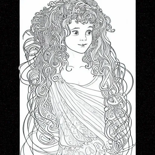 Prompt: clean simple line art of a little girl with wavy curly hair. no background. well composed, clean coloring book page, beautiful detailed face. coloring book line art by greg rutkowski and johanna basford and alphonse mucha