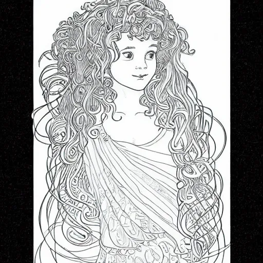 Image similar to clean simple line art of a little girl with wavy curly hair. no background. well composed, clean coloring book page, beautiful detailed face. coloring book line art by greg rutkowski and johanna basford and alphonse mucha