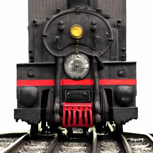 Prompt: locomotive from front view. black metal. nightmarish, horrific, scary, cowcatcher