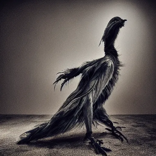 Image similar to a haunting human bird creature with broken limbs, horrifying ultra detailed photograph with dramatic lighting and fur and hair and bones and nightmares