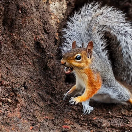 Image similar to ultra detailed photo of man screaming thrashing on the ground while a squirrel crawls out of a gaping hole in his chest