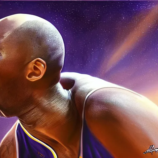 Image similar to kobe bryant kissing a giant turtle in heaven, photorealistic, side view, amazing digital art, amazing detail, fantasy art, artstatiom, cgsociety, epic art