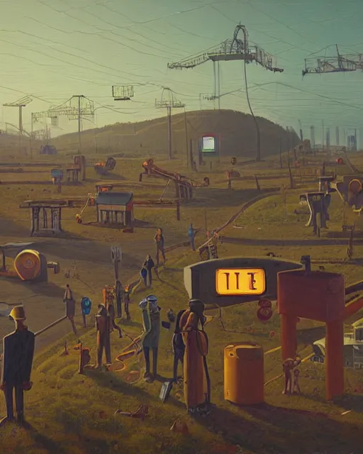 Image similar to the digital workers being robbed of their time and money by corporate overlords by Simon Stålenhag and Grant Wood, oil on canvas