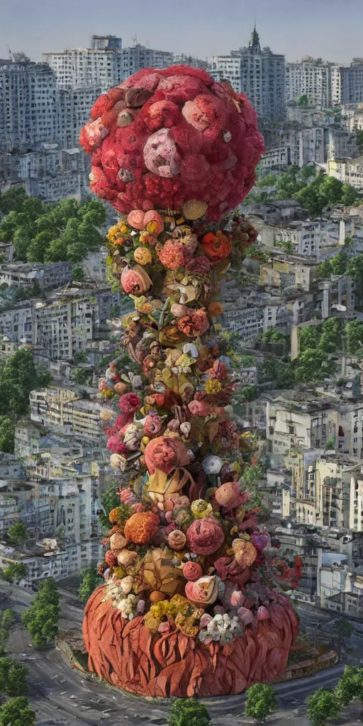 Image similar to giant grotesque flower in the middle of abandoned post soviet constructivist cityscape, Stalinist architecture, ultradetailed by Hayao Miyazaki and Josan Gonzalez and Makoto Shinkai and Giuseppe Arcimboldo and Wes Anderson