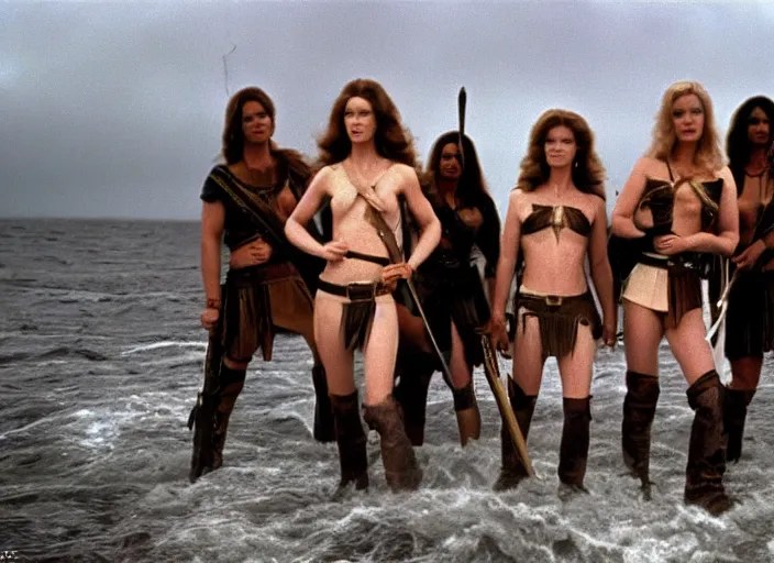 Prompt: film still charlie's angels ( 1 9 7 6 ) as a viking women with weapons, wearing skin - tight space age bikinis, rough seas in background, lightning storms, barbarella, water world, mad max, conan, hyper - realistic, highly detailed, accurate, 8 k octane render, 2 8 mm, wide angle, rule of thirds
