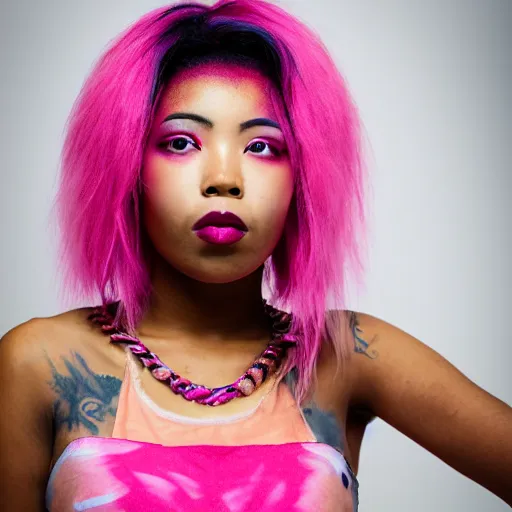 Prompt: asian - african woman with pink - dyed hair wearing alternative clothing, 8 k, portrait