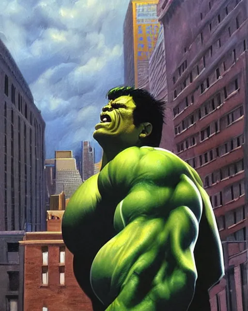 Image similar to a moody oil painting of the incredible hulk looking angry at noon in a city by alex ross.