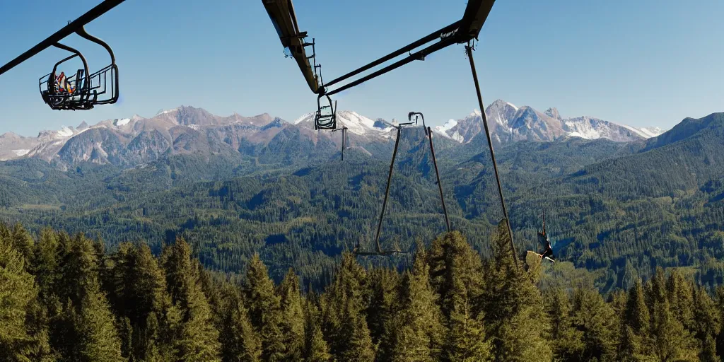 Prompt: detachable chairlift, mountains at background, 4 k,