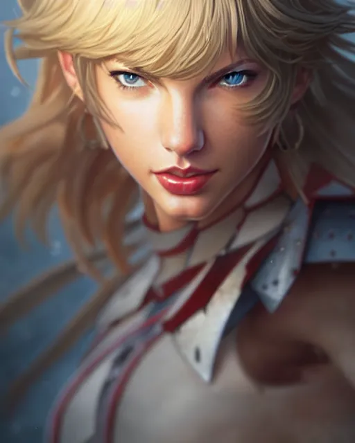 Image similar to azctec warrior, taylor swift, detailed perfect face, exquisite details, fire magic, mid view, design on a white background, by studio muti, greg rutkowski makoto shinkai takashi takeuchi studio ghibli