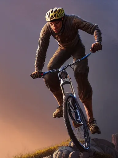 Image similar to handsome man riding a mountain bike in the wild. intricate, elegant, highly detailed, digital painting, artstation, cinematic shot, concept art, sharp focus, illustration, by justin gerard and artgerm, 8 k