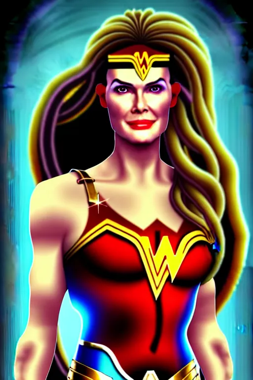 Image similar to portrait of a mix of beautiful young maria shriver, mariel hemmingway, brooke shields and elle macpherson as wonderwoman, thin lips, hair tied up in a pony tail, colorful artstation, cgsociety