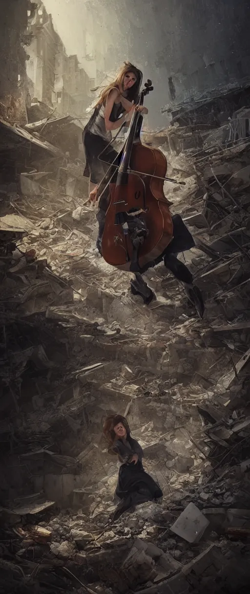 Image similar to a highly deatiled portrait of a cellist playing in the rubble of a fallen building, beautifully lit, concept art, sharp focus, in the style of Bastien Lecouffe-Deharme and steve argyle, artstation HD, octane render