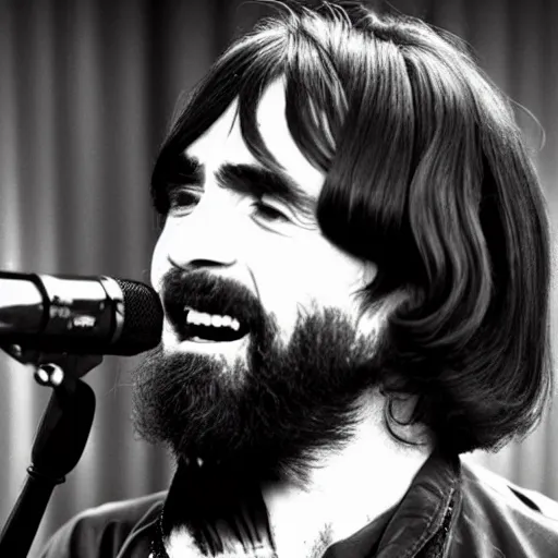 Prompt: charles manson singing with the beatles, black and white, portrait, high quality photography, realistic, detailed, uncropped, realistic face,